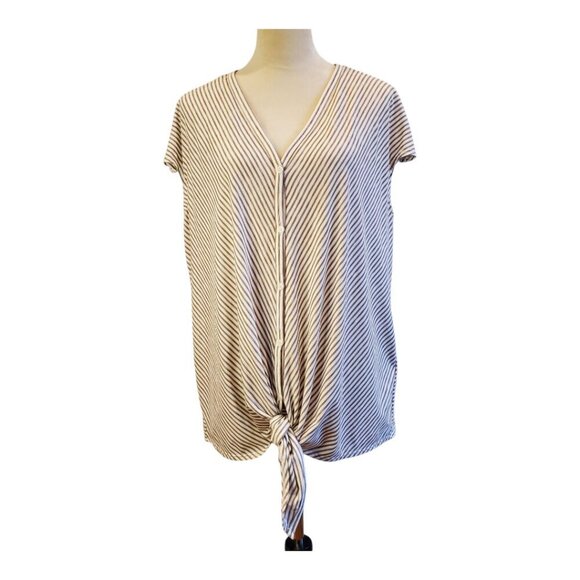 MAX STUDIO SZ 2X Womens Taupe & White Striped Knot Front Button Up Stretch Top - Picture 3 of 8